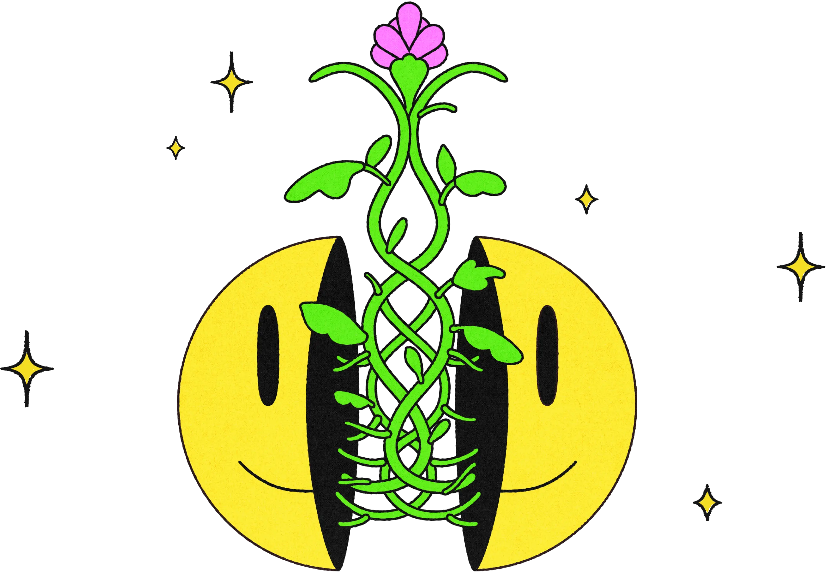 An illustration of a smiley face with flowers growing out of it